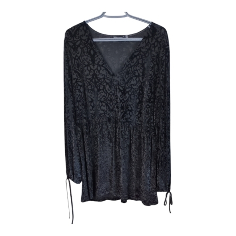 Amanda Green Black Burnout Velvet Long Sleeve V Neck Babydoll Tunic‎ Size XL